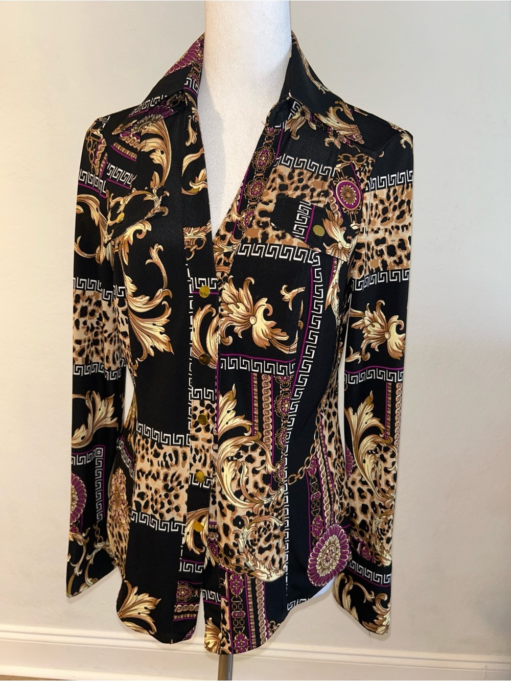 Cache Black & Gold Baroque Print Blouse with Pink Accents